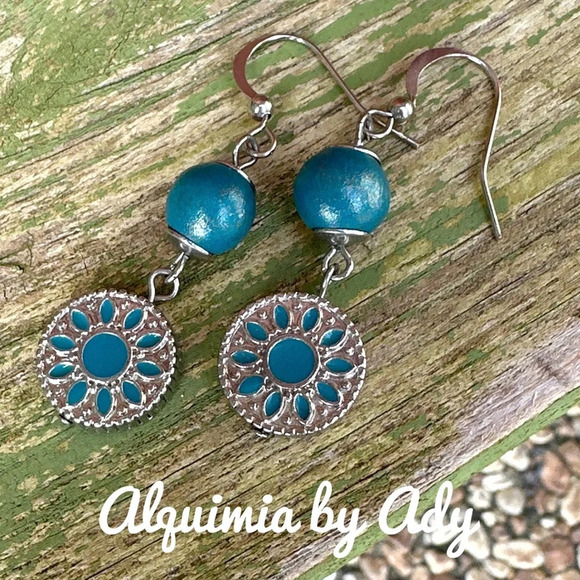 Silver statement cloisonné blue mandala dangle colorful bohemian earrings - Picture 1 of 5